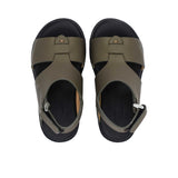 Pair of FARES brand white leather sandals with black soles and adjustable heel straps, featuring a modern geometric cutout design on a white background.
