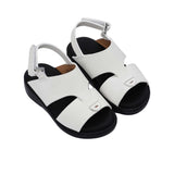 Pair of FARES brand white leather sandals with black soles and adjustable heel straps, featuring a modern geometric cutout design on a white background.
