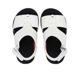 Pair of FARES brand white leather sandals with black soles and adjustable heel straps, featuring a modern geometric cutout design on a white background.