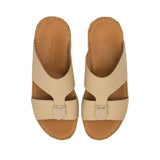 Direct top-down view of a pair of FARES leather sandals showcasing the symmetrical upper cut-out pattern, front hardware accents, and the debossed FARES brand logo and Made in Italy stamp on the insoles.