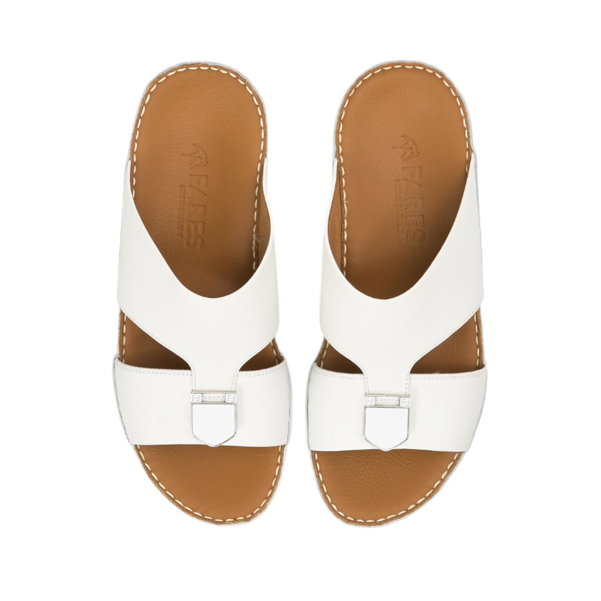 Direct top-down view of a pair of FARES leather sandals showcasing the symmetrical upper cut-out pattern, front hardware accents, and the debossed FARES brand logo and Made in Italy stamp on the insoles.