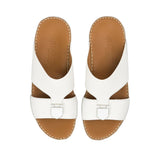 Direct top-down view of a pair of FARES leather sandals showcasing the symmetrical upper cut-out pattern, front hardware accents, and the debossed FARES brand logo and Made in Italy stamp on the insoles.