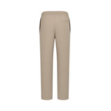 Mud-colored pants with an elastic waistband, a single back pocket, and dark vertical side stripes.