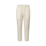 Off-white, textured linen-blend pants with an elasticated waistband and a relaxed, straight-leg fit.