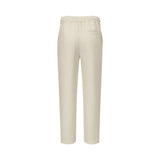 Light beige linen-blend pants with an elasticated drawstring waist, straight legs, and one back welt pocket.