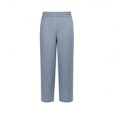 Light blue, straight-leg, ankle-length pants with an elasticated waistband and subtle textured fabric.