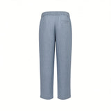 Light blue straight-leg pants with an elasticated drawstring waist and a single horizontal welt pocket on the right rear.