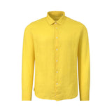 A yellow long-sleeved linen shirt with a standard collar, a full button placket, and light-colored buttons.