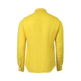 Back view of a bright yellow long-sleeved linen shirt with a standard collar, back yoke, buttoned cuffs, and a curved hem.