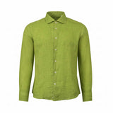 Vibrant lime green long-sleeved linen shirt with a standard collar, full button placket, and light buttons.