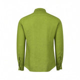 Lime green long-sleeved shirt, back view. Textured fabric, standard collar, and buttoned cuffs with white buttons.