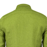 Lime green long-sleeved linen shirt, back view, with a collar, shoulder yoke, and vertical back seams.