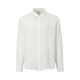 Off-white long-sleeved collared shirt made of lightweight, textured fabric, with a full button-front and single-button cuffs.