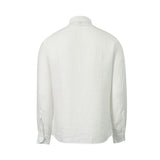 White linen long-sleeved shirt, back view, with a collar, buttoned cuffs, and a curved hem.