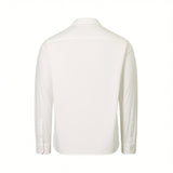 Cream long-sleeved overshirt, back view, with a collar, upper back yoke, and two buttons on each cuff.