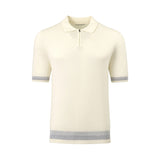 Cream short-sleeved knit polo sweater with a collar, quarter-zip placket, and grey striped ribbed cuffs and hem.
