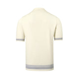 Cream short-sleeve knit polo sweater with ribbed collar. Cuffs and hem feature two gray stripes.