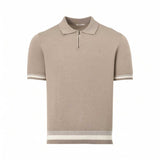 Beige knitted short-sleeve polo shirt with a quarter-zip closure. Ribbed cuffs and hem have white and beige stripes.