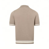 Taupe knit short-sleeve polo shirt with ribbed collar, cuffs, and hem. Cuffs and hem feature two white stripes.