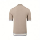 Beige short-sleeved knit polo sweater with ribbed collar, and ribbed cuffs and hem featuring light blue/grey and white stripe