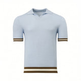 Light blue knit short-sleeve polo sweater with a V-neck, ribbed collar, and brown and white striped cuffs and hem.