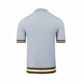 Light blue short-sleeve polo sweater with ribbed texture. Features brown and white striped ribbed cuffs and hem.