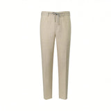 Ecru linen trousers with a grey drawstring waist, gold-toned tips, belt loops, and single front pleats.