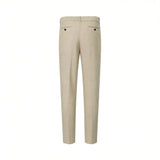 Ecru linen-blend trousers with an elasticated back waistband and two back welt pockets, each with a black button.