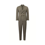 Ecru double-breasted suit jacket with notched lapels, four dark buttons, two patch pockets, and matching flat-front trousers.