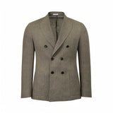 Heathered olive-grey double-breasted linen suit jacket with peak lapels, six black buttons, and two patch pockets.