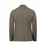 Muted olive green linen-blend blazer, back view, with a central seam.