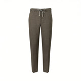 Muted brown tailored trousers with a textured fabric. Features a light grey drawstring waist with gold-toned tips and belt lo