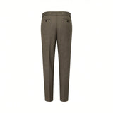 Muted olive-brown suit trousers with an elasticated back waistband, two buttoned back pockets, and a subtle weave.