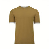 Tobacco short-sleeve t-shirt with a grey and off-white trimmed crew neck and grey cuffs.