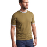 Tobacco brown men's short-sleeved T-shirt with light grey and white ribbed crew neck and cuffs.
