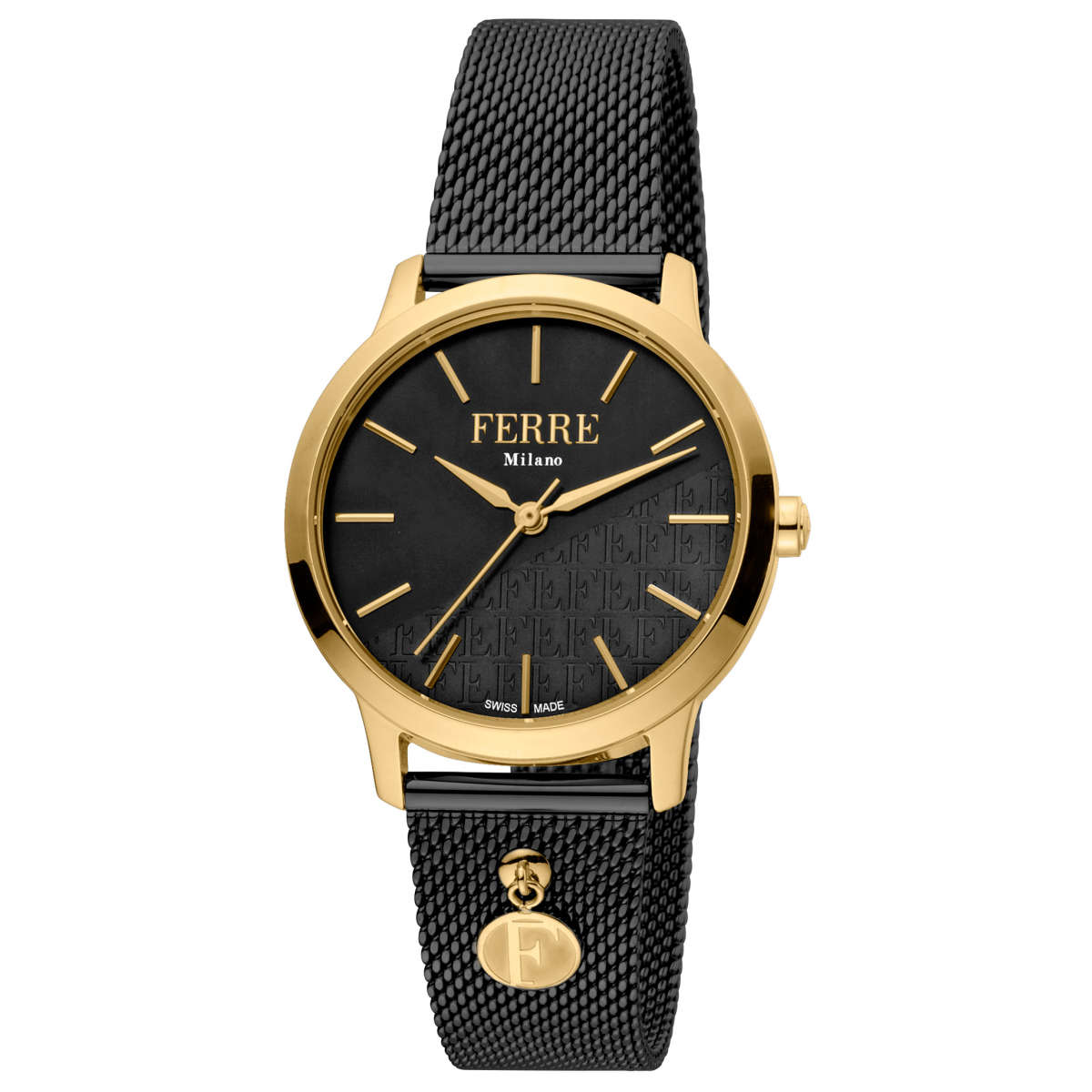 Ferre Milano Ladies Black Dial Gold Case Black Mesh Bracelet Watch