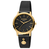 Ferre Milano Ladies Black Dial Gold Case Black Mesh Bracelet Watch