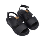 Pair of FARES brand smooth leather sandals with silver buckles and adjustable heel straps, featuring a modern minimalist design on a white background.