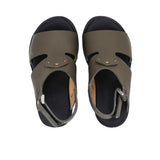 Pair of FARES brand smooth leather sandals with silver buckles and adjustable heel straps, featuring a modern minimalist design on a white background.