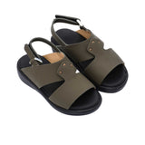 Pair of FARES brand smooth leather sandals with silver buckles and adjustable heel straps, featuring a modern minimalist design on a white background.