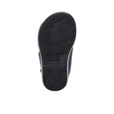 Pair of FARES kids' Arabic-style sandals in matte navy blue leather with adjustable back straps and black cushioned soles on a white background.