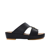 FARES brand men's Arabian leather sandals in dark grey with tan insoles and silver buckles, shown on a white background.
