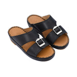 FARES brand men's Arabian leather sandals in dark grey with tan insoles and silver buckles, shown on a white background.