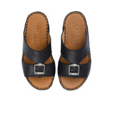 FARES brand men's Arabian leather sandals in dark grey with tan insoles and silver buckles, shown on a white background.