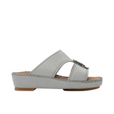 FARES brand men's Arabian leather sandals in dark grey with tan insoles and silver buckles, shown on a white background.
