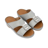 FARES brand men's Arabian leather sandals in dark grey with tan insoles and silver buckles, shown on a white background.
