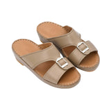 FARES brand men's Arabian leather sandals in dark grey with tan insoles and silver buckles, shown on a white background.
