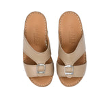 FARES brand men's Arabian leather sandals in dark grey with tan insoles and silver buckles, shown on a white background.