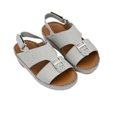 FARES brand luxury boys' sandals leather with tan footbeds and silver "F" logo buckles on a white background.