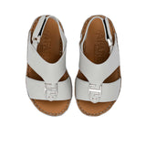 FARES brand luxury boys' sandals leather with tan footbeds and silver "F" logo buckles on a white background.